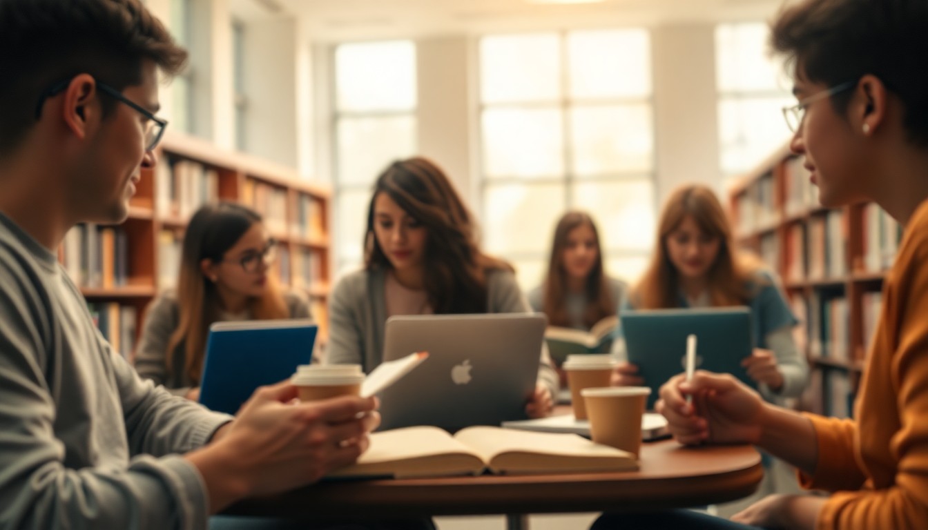 An abstract, out-of-focus photograph showing the blurred silhouettes of college students studying together in a campus library, with books, laptops, and coffee cups visible in the foreground, conveying a sense of focused academic pursuit and community.