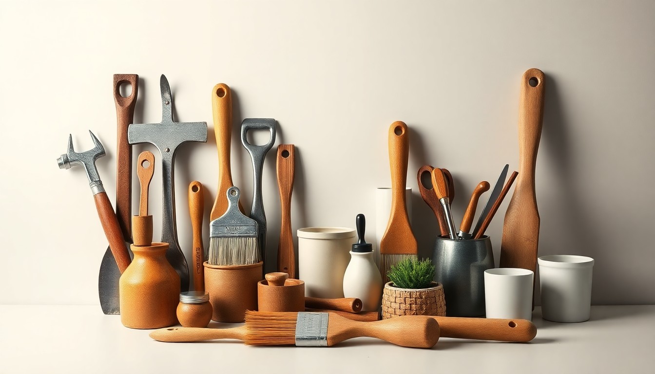 A high-end studio still life photograph featuring an elegant arrangement of polished hardware tools, paint brushes, and gardening supplies on a clean, monochromatic background, conveying the premium quality and longstanding heritage of this family-owned business.