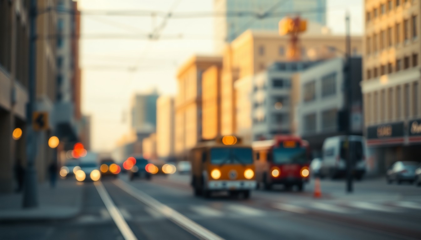 A blurred, dreamlike photograph of a downtown Omaha street, with the faint outlines of streetcar tracks and construction equipment visible through a hazy, warm-toned wash of color and light, conceptually representing the progress and anticipation surrounding the Omaha Streetcar project.