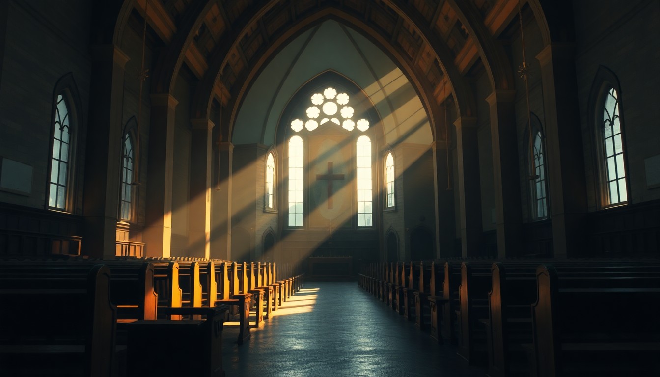 A serene, cinematic painting of an empty Catholic church sanctuary, with warm sunlight streaming through the stained glass windows and deep shadows casting an uneasy mood over the space, conceptually representing the complex legacy of abuse and accountability surrounding the state's religious institutions.