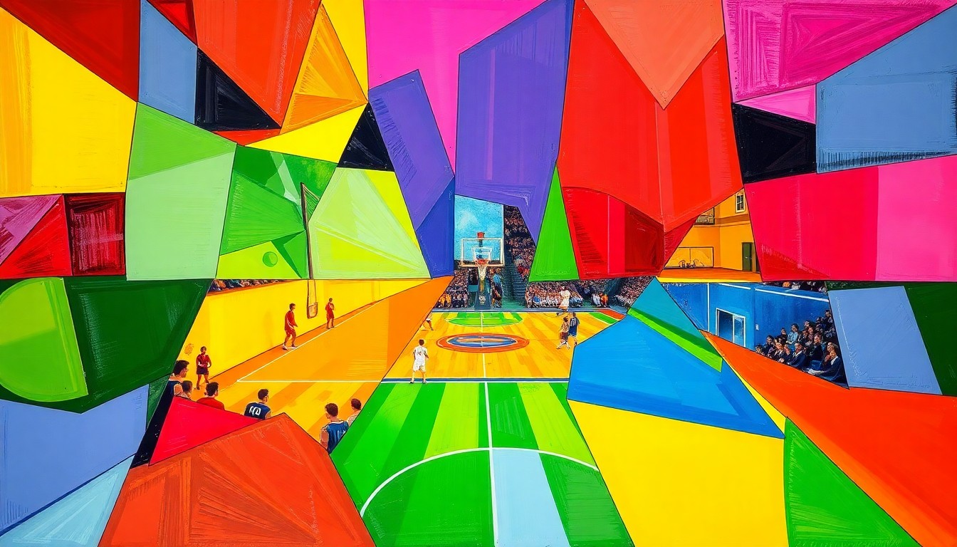 A fragmented, geometric painting depicting a high school sports scene, with sharp planes of color representing the movement and action of the game.