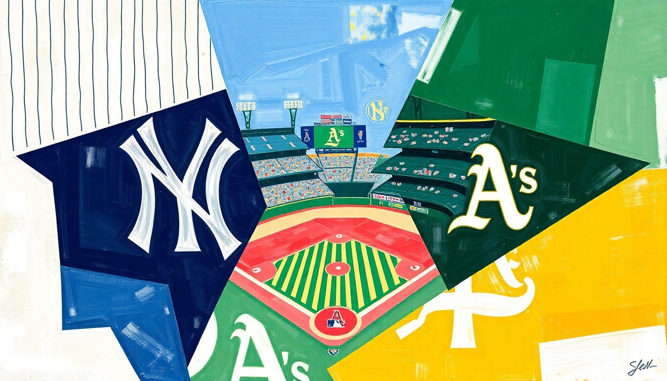 A cubist-style painting featuring sharp, overlapping geometric shapes in the colors of the New York Yankees and (Sacramento) Athletics, conceptually representing the dynamic energy and multi-perspective nature of a baseball game between the two teams.