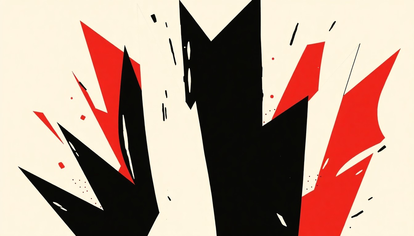 A minimalist, abstract illustration featuring bold, geometric shapes in black, white, and red, conceptually representing the diverse range of musical styles and artists featured on the KROQ playlist.
