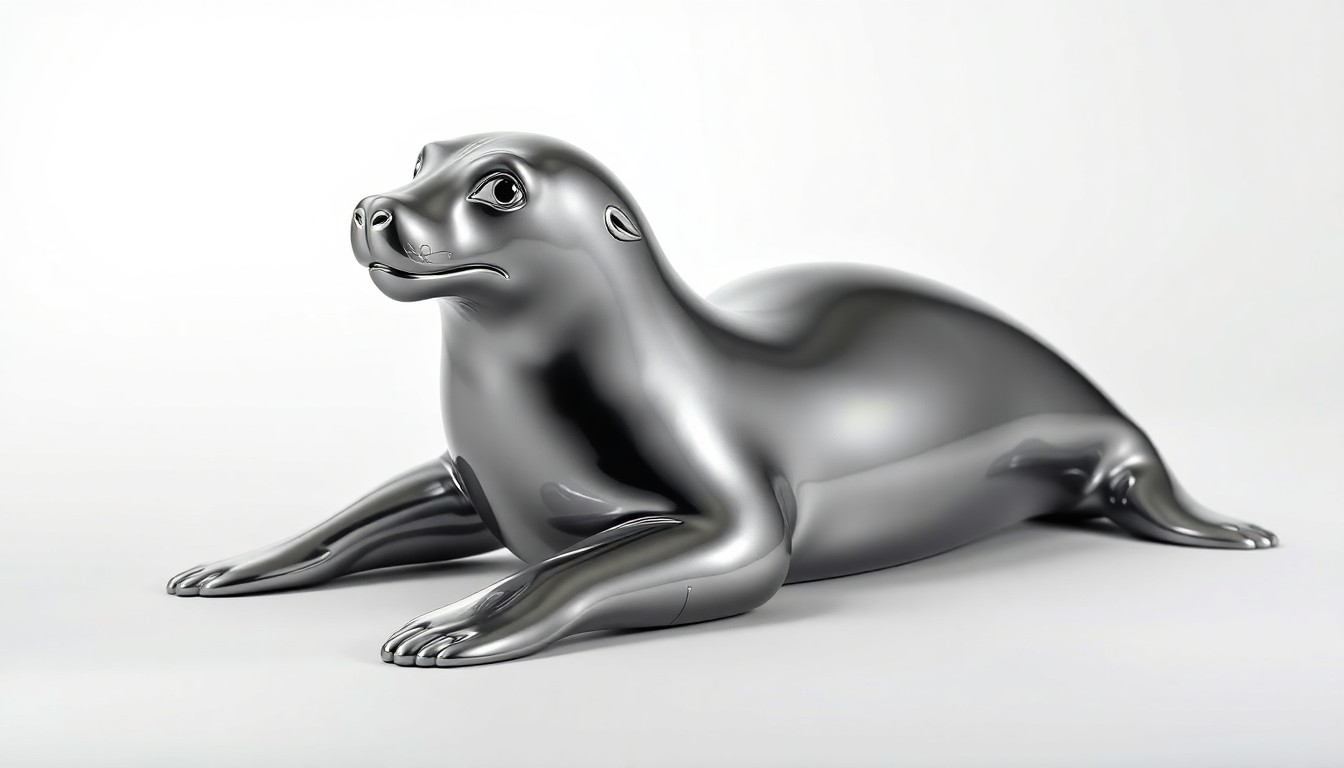 A highly detailed, photorealistic studio photograph of a polished, chrome-plated sea lion sculpture resting on a clean, white background, with dramatic side lighting casting deep shadows to create a conceptual representation of the issues faced in renovating zoo habitats.