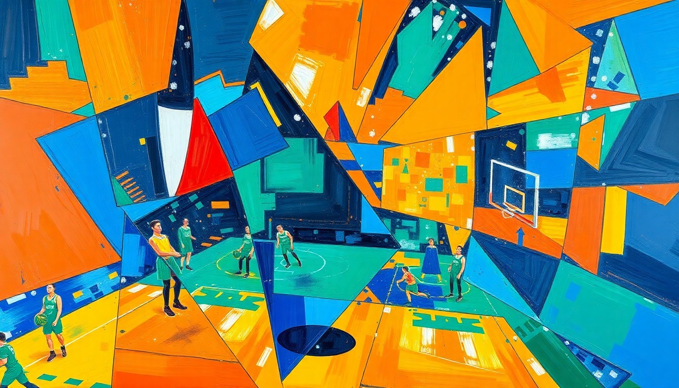 A fragmented, cubist-style painting depicting the chaotic energy of a basketball game, with overlapping geometric shapes in vibrant hues of blue, orange, and green, conveying the Timberwolves' struggles to find their rhythm without key players.