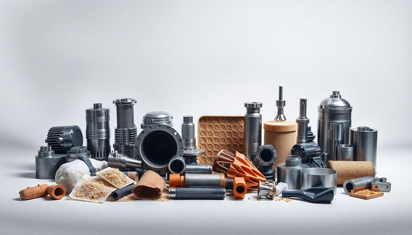 A high-end studio still life photograph featuring a collection of precision-crafted industrial components, mechanical parts, and raw manufacturing materials arranged elegantly on a clean, monochromatic background, conceptually representing the technical innovation and manufacturing prowess of Iowa companies.