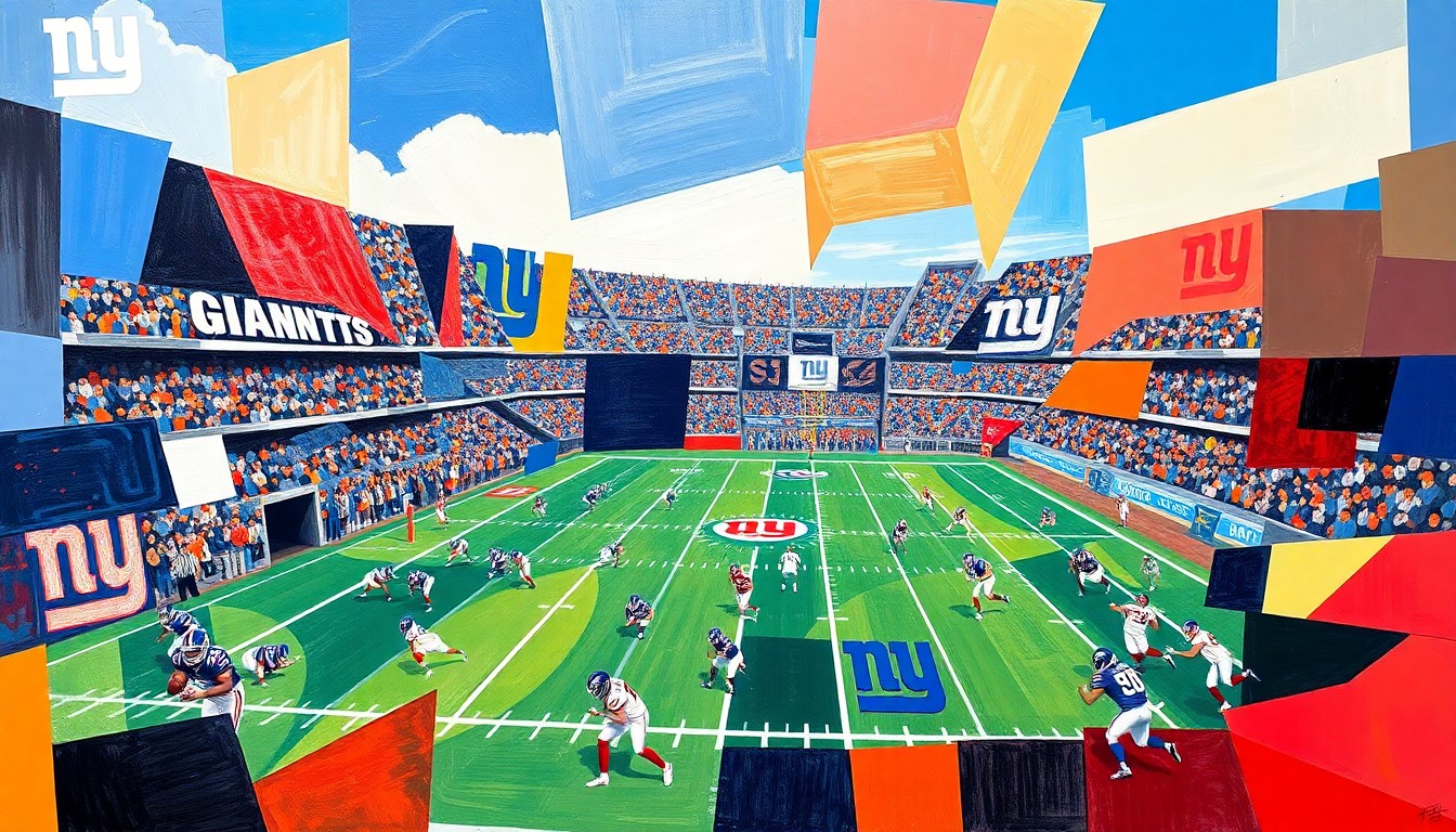 A cubist, geometric painting depicting a football game, with the players and field broken down into sharp, overlapping shapes in the colors of the New York Giants and their opponent, conceptually representing the challenges facing the team as they begin the offseason without a key player.