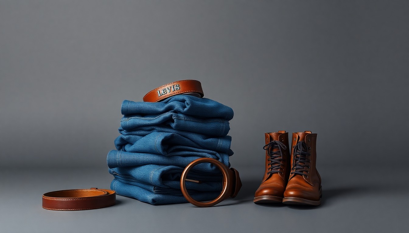 A high-end, photorealistic studio still-life photograph featuring a stack of premium denim jeans, a leather belt, and a pair of leather boots arranged elegantly on a clean, monochromatic seamless background, conceptually representing Levi Strauss' focus on quality, craftsmanship, and its evolution as a denim lifestyle brand.