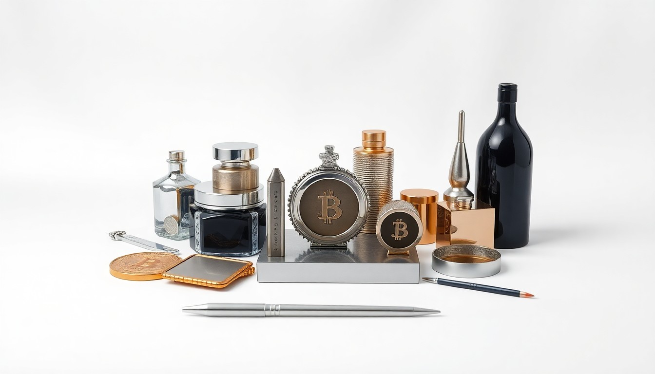 A high-end, photorealistic studio still-life photograph featuring a collection of premium, polished objects arranged elegantly on a clean, monochromatic background, conceptually representing Gilead's strategic business moves to expand its pipeline and drive future growth.