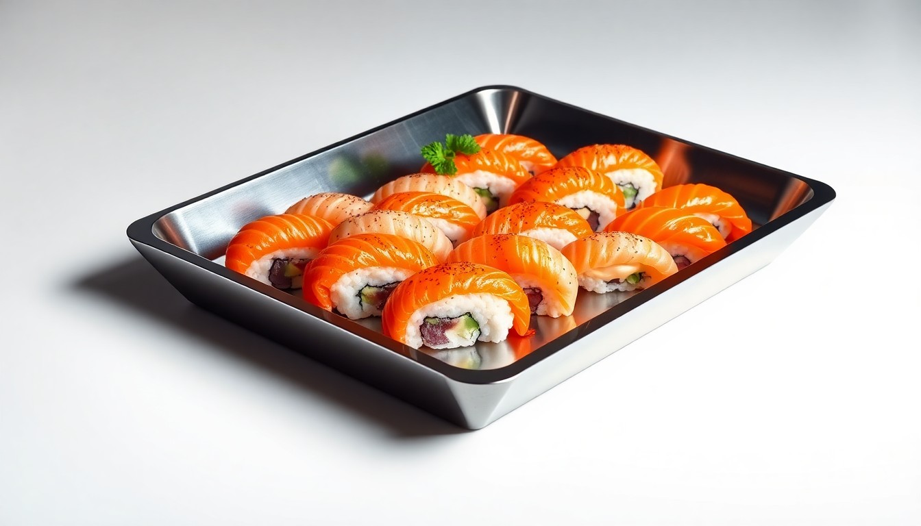 A high-end, photorealistic studio still-life photograph featuring a polished, geometric sushi platter made of stainless steel, arranged elegantly on a solid white background with dramatic studio lighting and deep shadows, conceptually representing the precision and quality of Kura Sushi's food offerings.