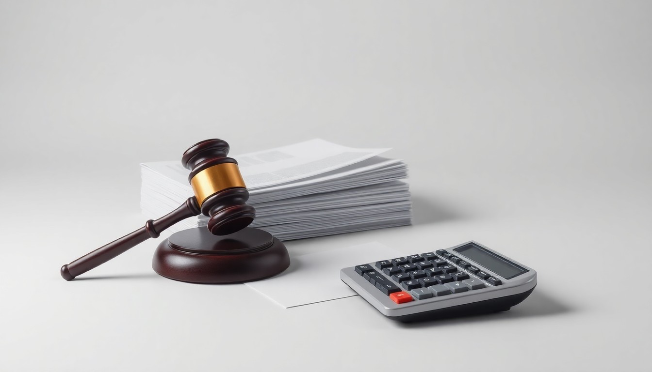 A photorealistic studio still life featuring a stack of legal documents, a gavel, and a calculator, conceptually representing the abstract themes of corporate litigation, financial oversight, and regulatory compliance.