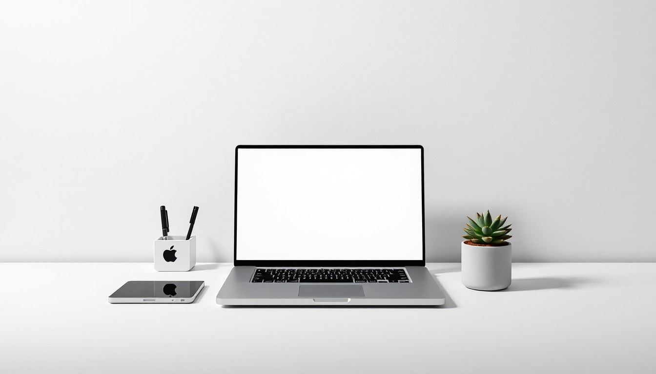 A high-end, photorealistic studio still-life photograph featuring a sleek, modern laptop computer, a minimalist desk organizer, and a single potted succulent plant against a clean, monochromatic seamless background, conceptually representing a technology company's strategic shift.