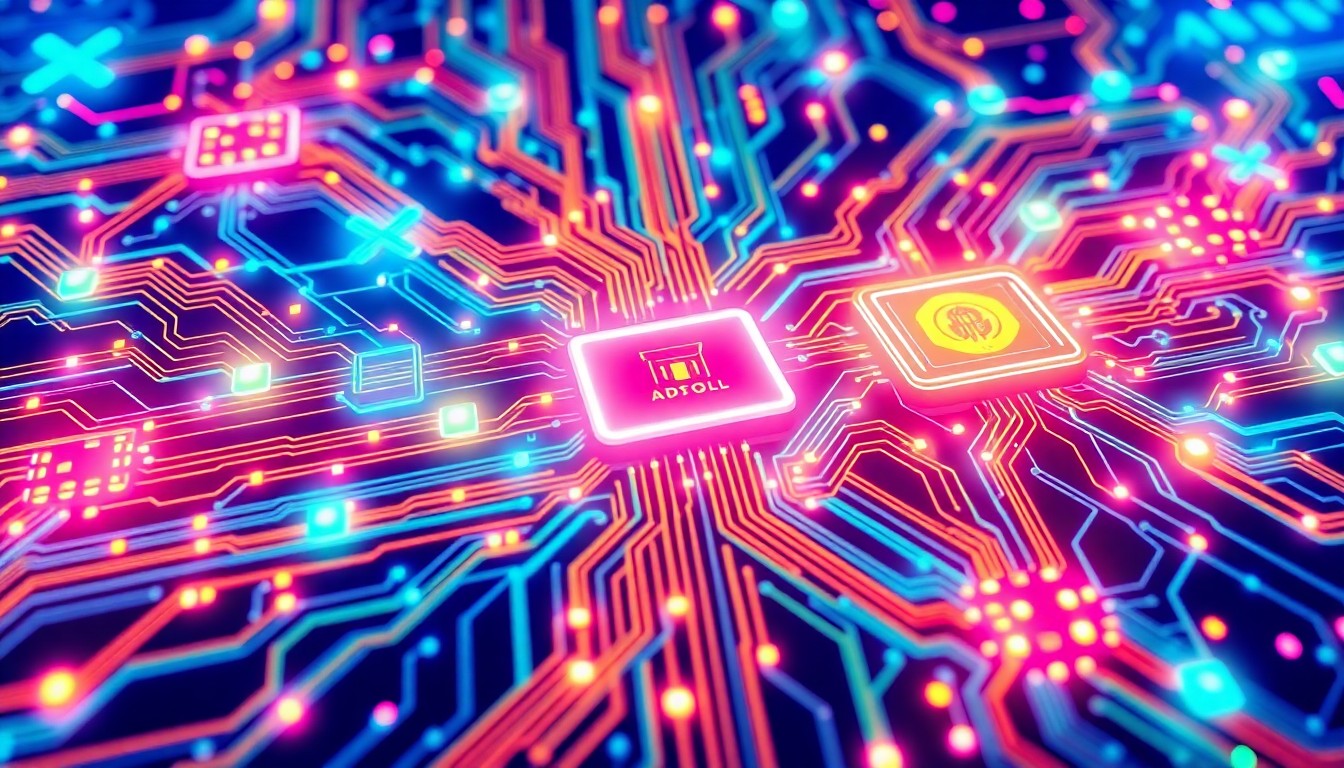A highly detailed, glowing 3D illustration of a complex network of interconnected circuits, data streams, and AI-powered algorithms, representing the advanced technology powering TrueRoll's tax assessment system.