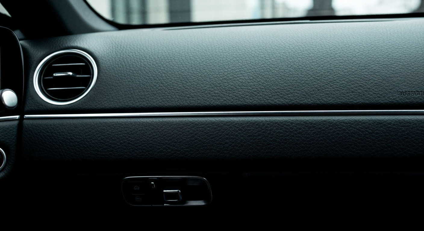 Ekstremna fotografija izbliza teksturirane kontrolne ploče od šljunčane kože luksuznog automobila, koja prikazuje visokokvalitetne materijale i izradu u dramatičnim detaljima.