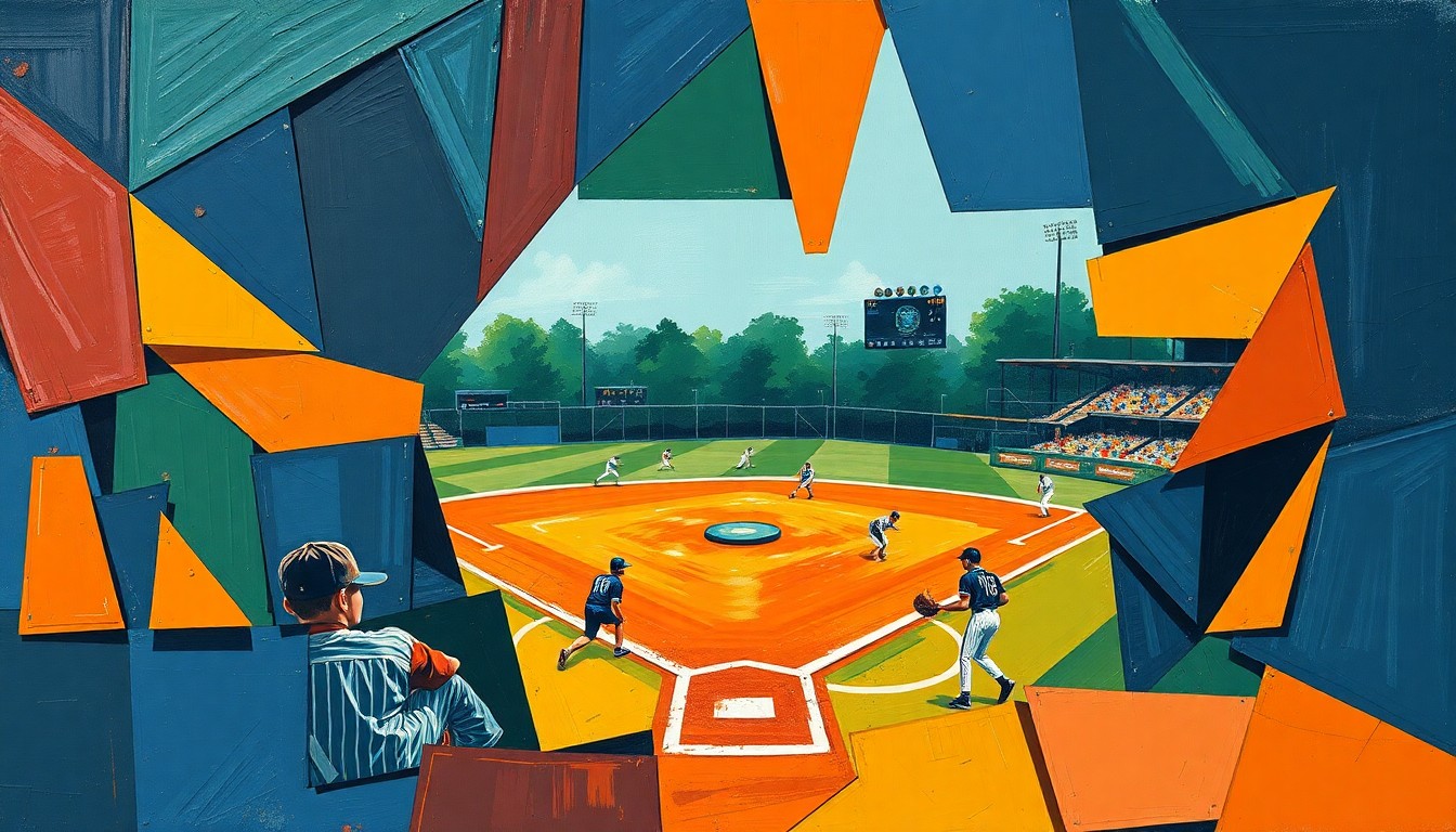 A cubist-style painting depicting a high school baseball or softball game broken down into sharp, overlapping geometric shapes in shades of blue, green, and orange, conveying the dynamic energy and competitive spirit of the sport.