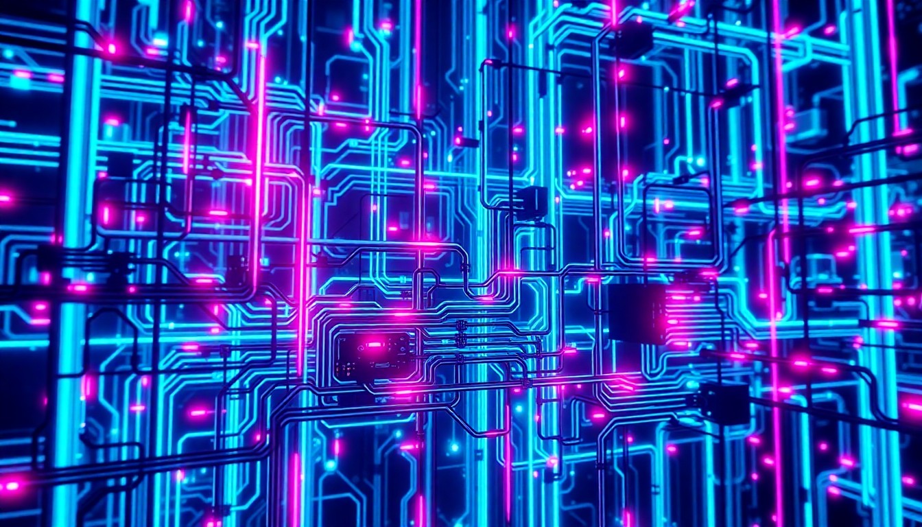 A highly detailed, glowing 3D illustration of a complex network of illuminated cybersecurity infrastructure, with neon cyan and magenta lights pulsing through intricate circuits and cables, conceptually representing the advanced AI capabilities that are outpacing regulatory frameworks.