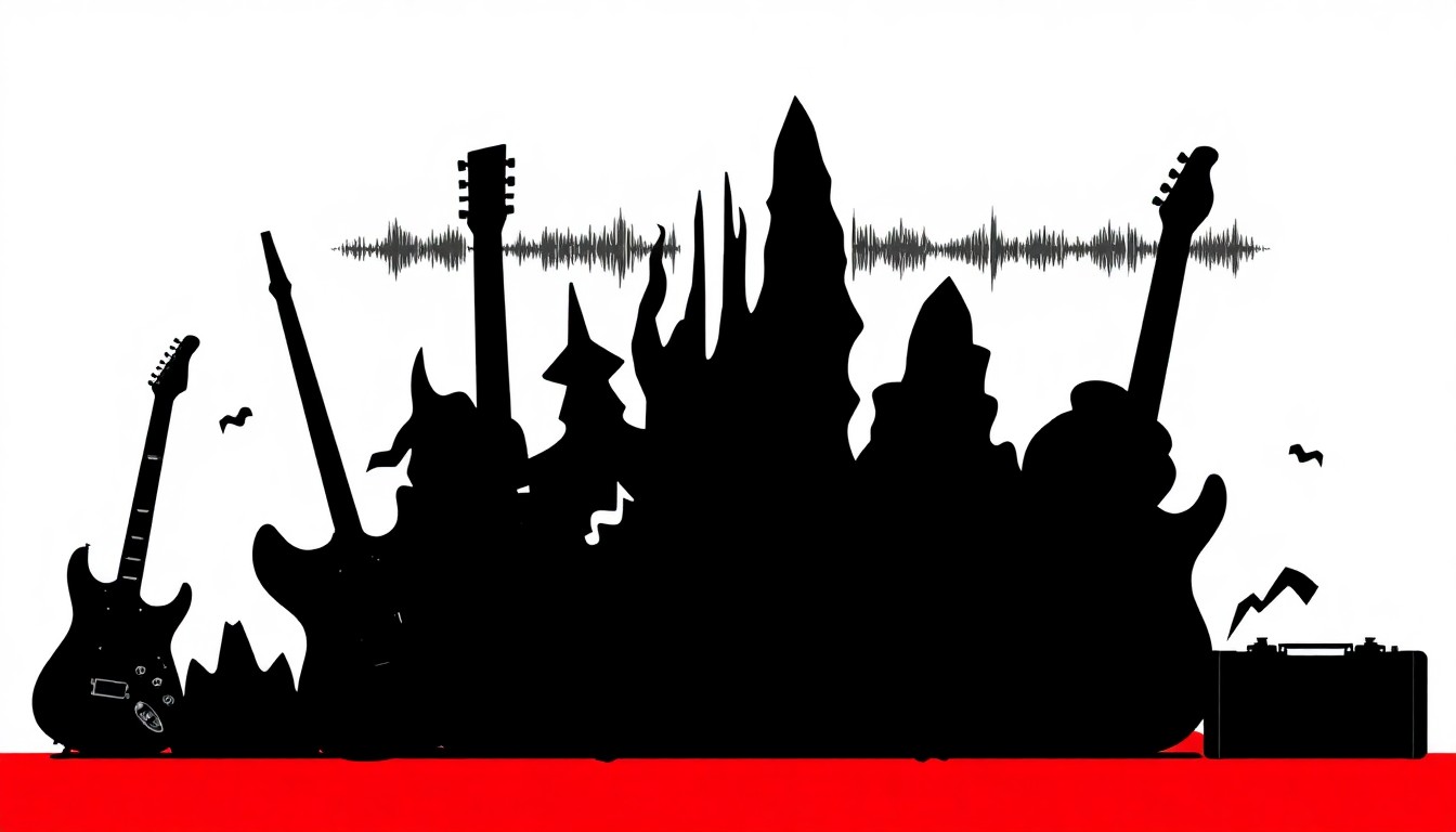 A dynamic, minimalist illustration featuring sharp, angular black silhouettes of rock music equipment and imagery set against a high-contrast red and white background, conceptually representing KISW radio's 55-year legacy in the Seattle music scene.