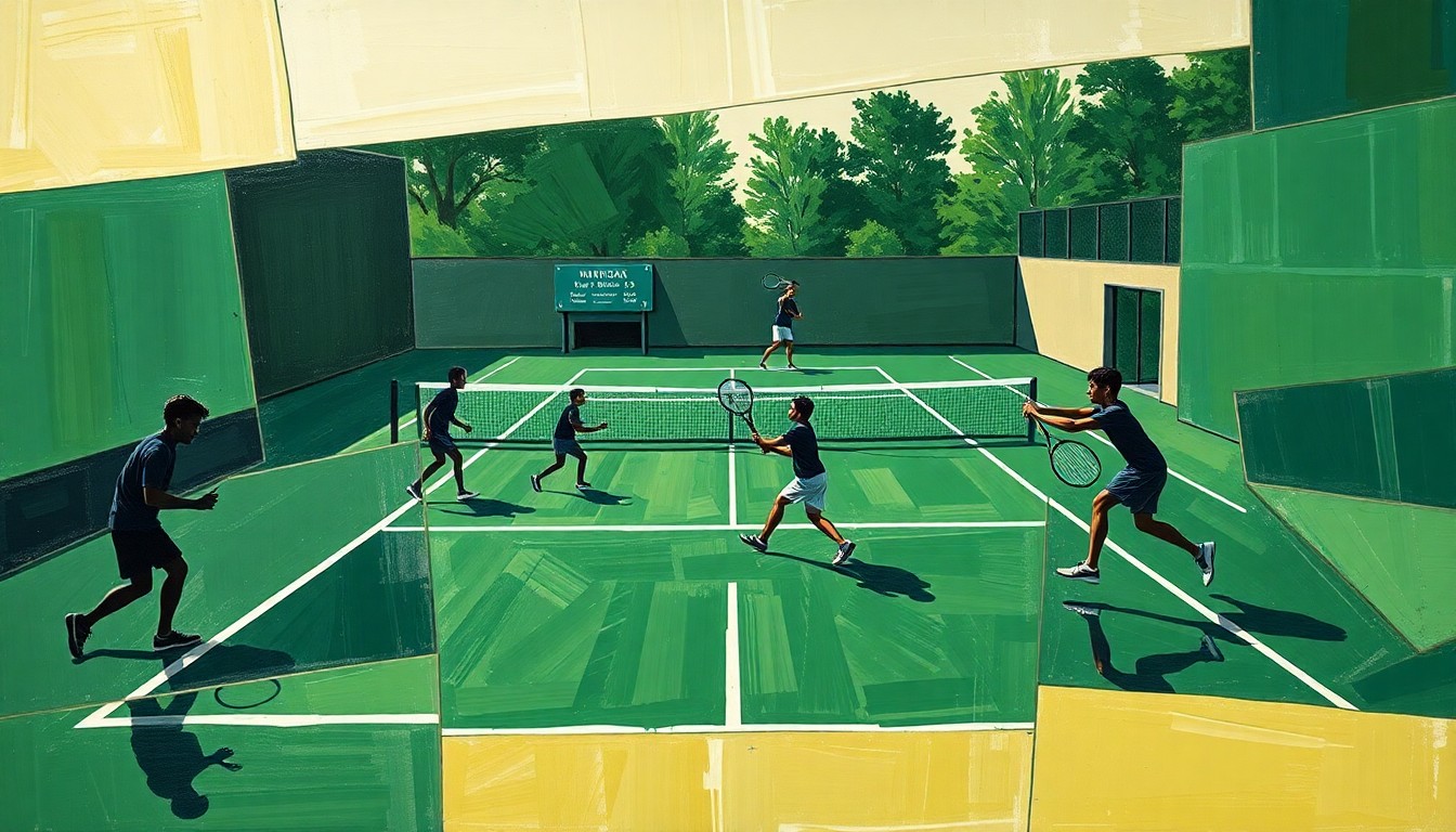 A fragmented, geometric painting depicting the dynamic movements and competitive spirit of a high school tennis match, with overlapping shapes and planes representing the players, court, and ball in motion.