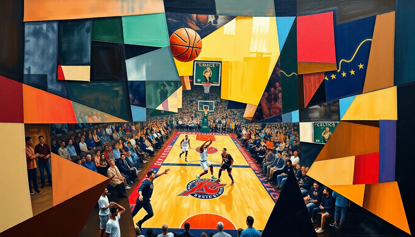 A cubist, geometric painting depicting a basketball game between the Celtics and Knicks, with the players and court broken down into sharp, overlapping shapes and planes of color.