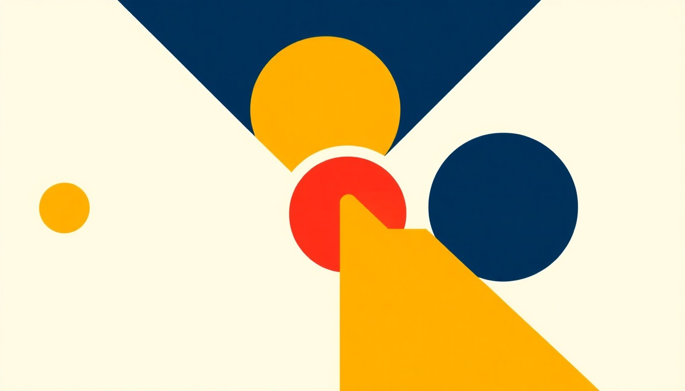 An abstract geometric composition of intersecting triangles, overlapping circles, and angular lines in navy, crimson, and mustard, conveying a sense of authority and precision in the field of economics.