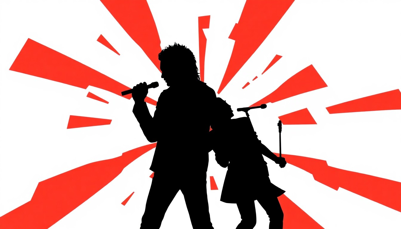 An abstract, minimalist composition of jagged black silhouettes and bold red and white geometric shapes, representing the conflict between two competing entertainment brands.