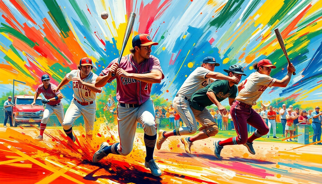 An abstract expressionist painting in vibrant neon colors depicting the dynamic movements and energy of a baseball game, with players and the field blending into an energetic visual representation of the Crowder College Roughriders' dominant performance.