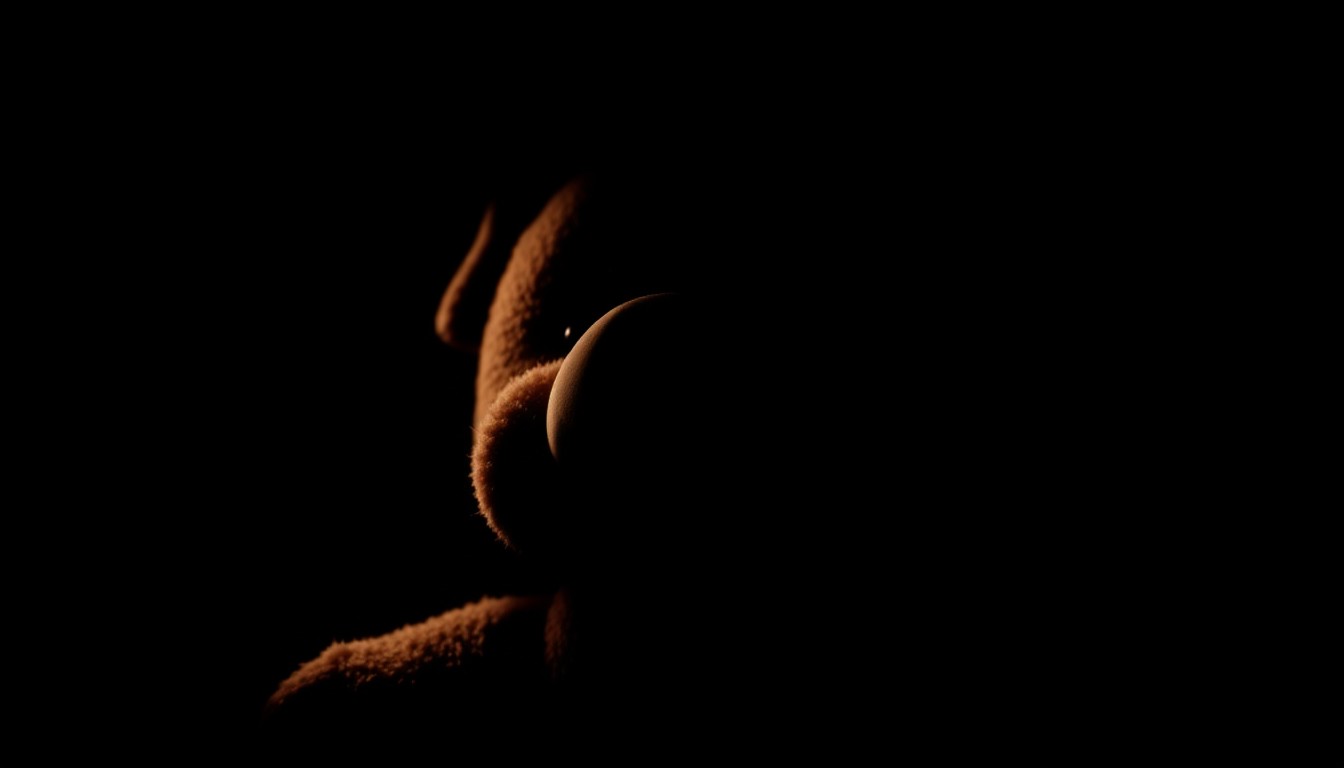 An extreme close-up photograph of a child's stuffed animal or doll, lit by a harsh, direct camera flash against a pitch-black background, creating a stark, gritty, investigative aesthetic that conceptually represents the trauma of child sexual abuse.