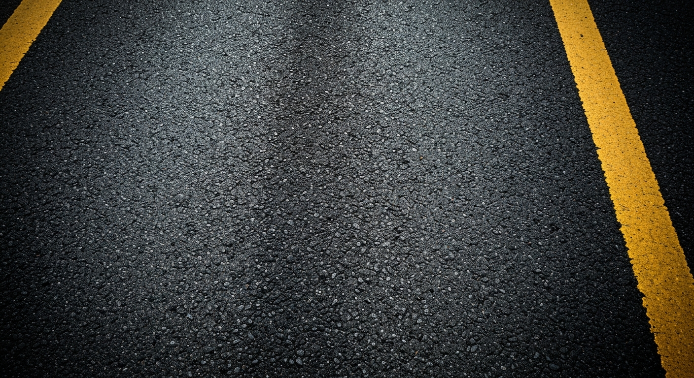 An extreme close-up of the rough, pebbled texture of an asphalt road surface, with faint yellow lane markings visible. The dramatic lighting and high-contrast style evokes a sense of the infrastructure and materials that make up the highway.