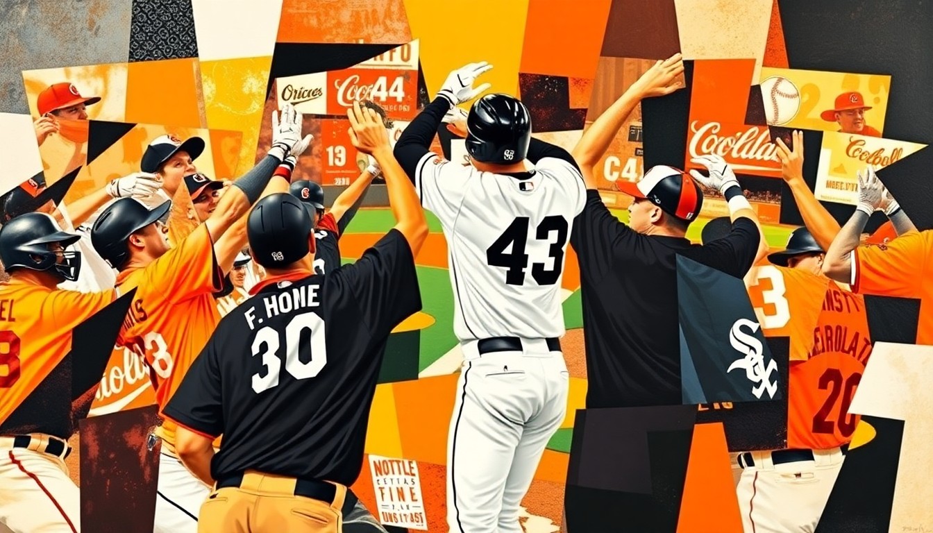 A dynamic, cubist-style painting depicting the explosive energy of a baseball game, with fragmented geometric shapes and vibrant colors representing the players, field, and crowd.