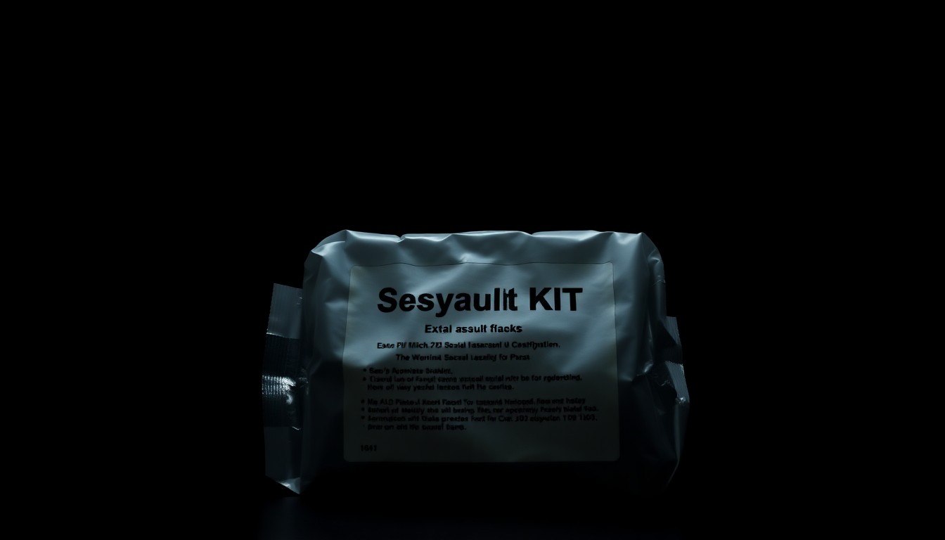 An extreme close-up photograph of a sealed, untested sexual assault kit against a pitch-black background, creating a stark, gritty, investigative aesthetic.