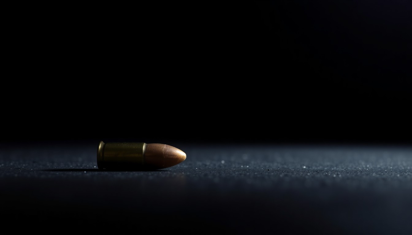An extreme close-up of a single spent bullet casing on a dark surface, lit by a harsh, direct camera flash, conceptually representing the aftermath of a violent crime.