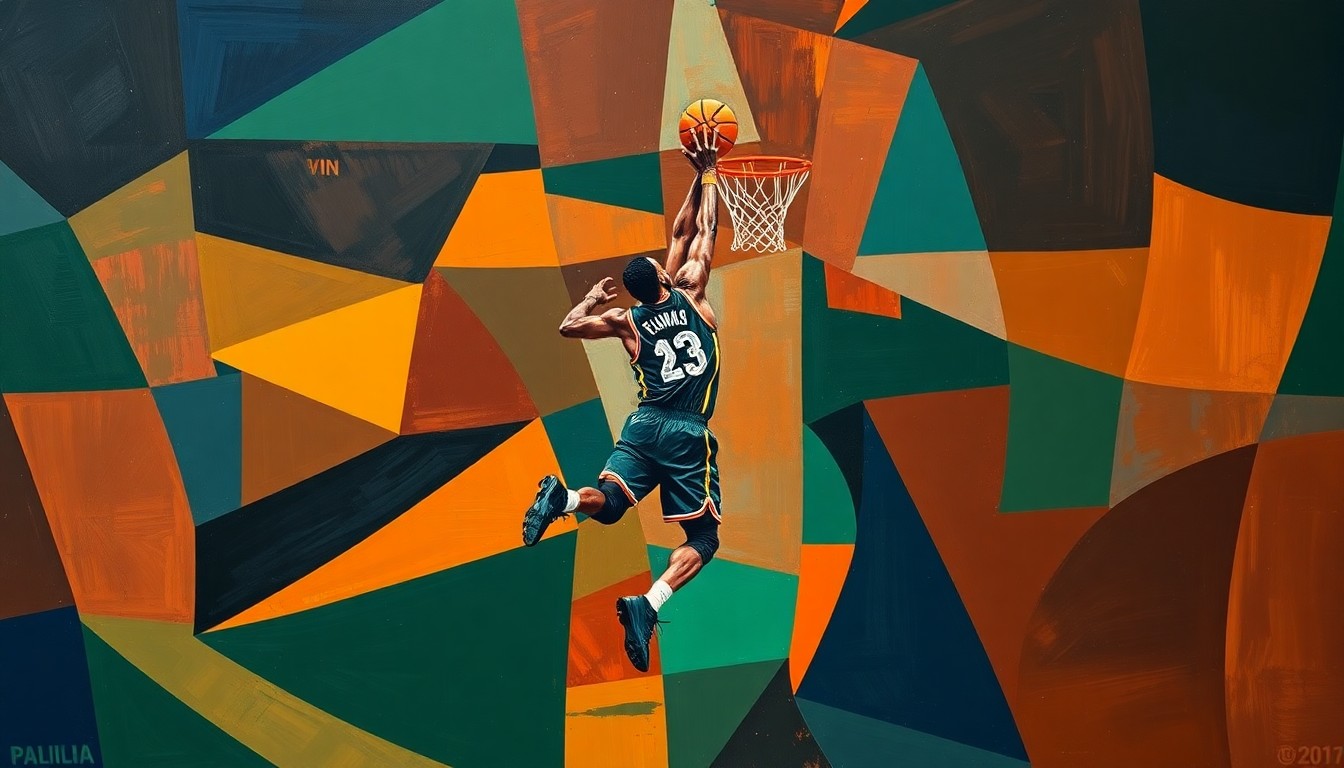 A fragmented, geometric painting depicting a basketball player or game scene, with sharp planes of navy, green, and orange overlapping to create a deconstructed, abstract composition.