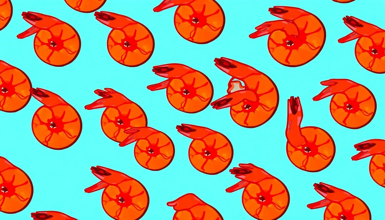 A brightly colored, high-contrast silkscreen print of a shrimp appetizer dish repeated in a tight grid pattern, utilizing flat, vibrant, and unnatural neon color palettes overlapping with heavy black photographic outlines to turn an everyday food item into modern pop art.