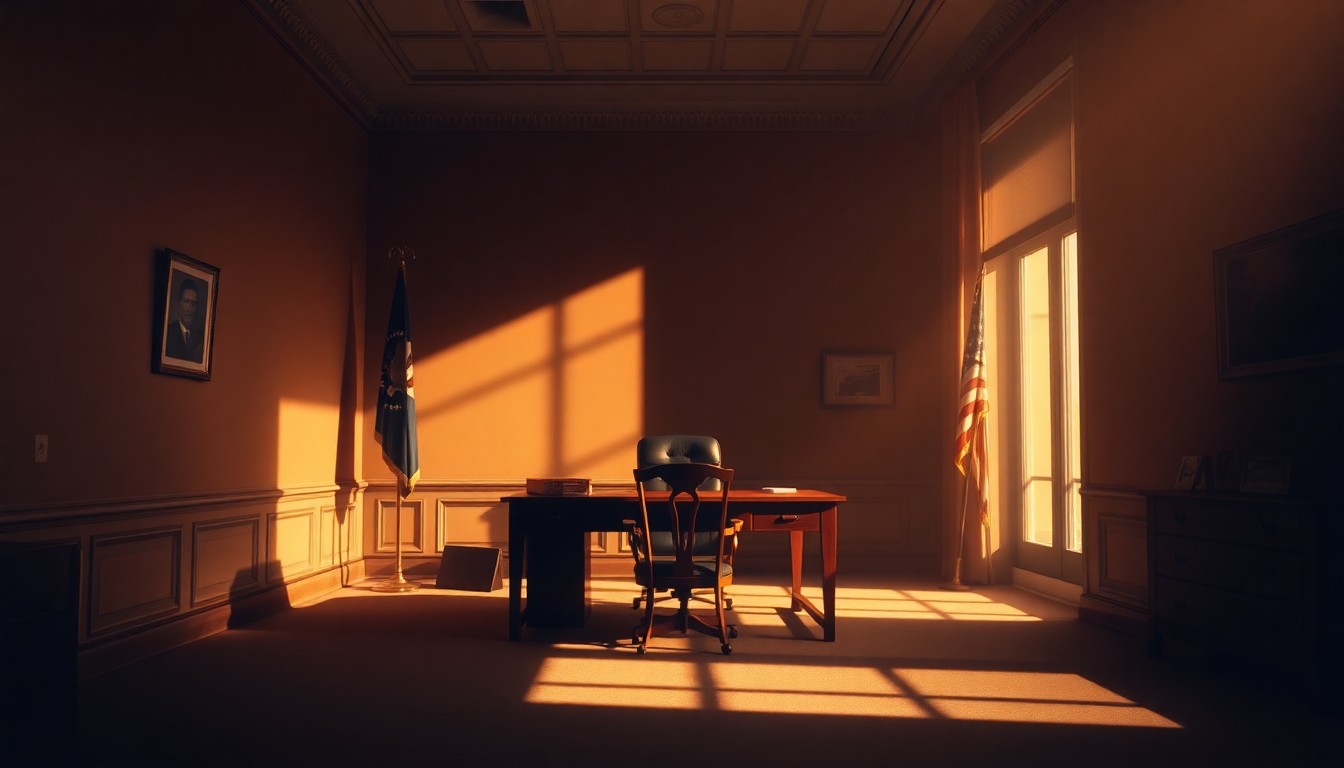 A dimly lit, cinematic interior scene of a solitary government office, with warm sunlight streaming through a window and deep shadows, conceptually representing the difficult foreign policy challenges surrounding Iran's nuclear program.