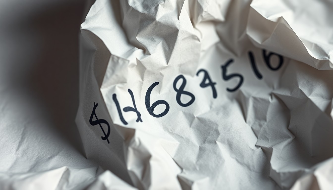 An extreme close-up photograph of a crumpled, torn piece of paper with handwritten numbers and letters, conceptually illustrating the physical remnants of a financial scam.