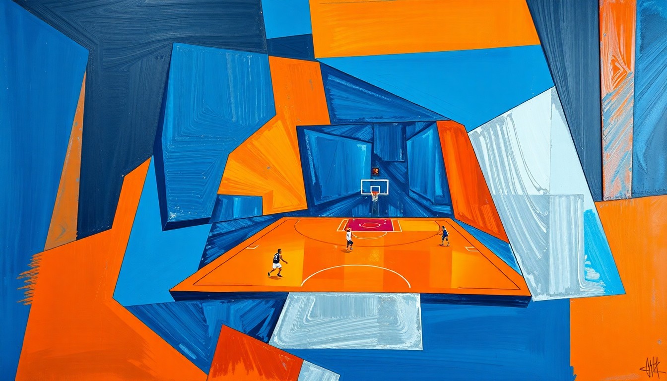 A cubist, geometric illustration depicting a basketball game or match, with sharp, overlapping planes of deep blue, bright orange, and metallic silver, capturing the dynamic energy and intensity of the sport.