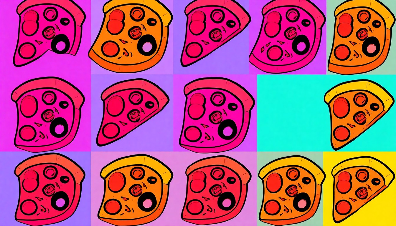 A vibrant, pop art-inspired illustration featuring a repeated pattern of a single pizza slice with pepperoni, mushrooms, and olives, rendered in a high-contrast, silkscreen style with bold, neon-like colors.