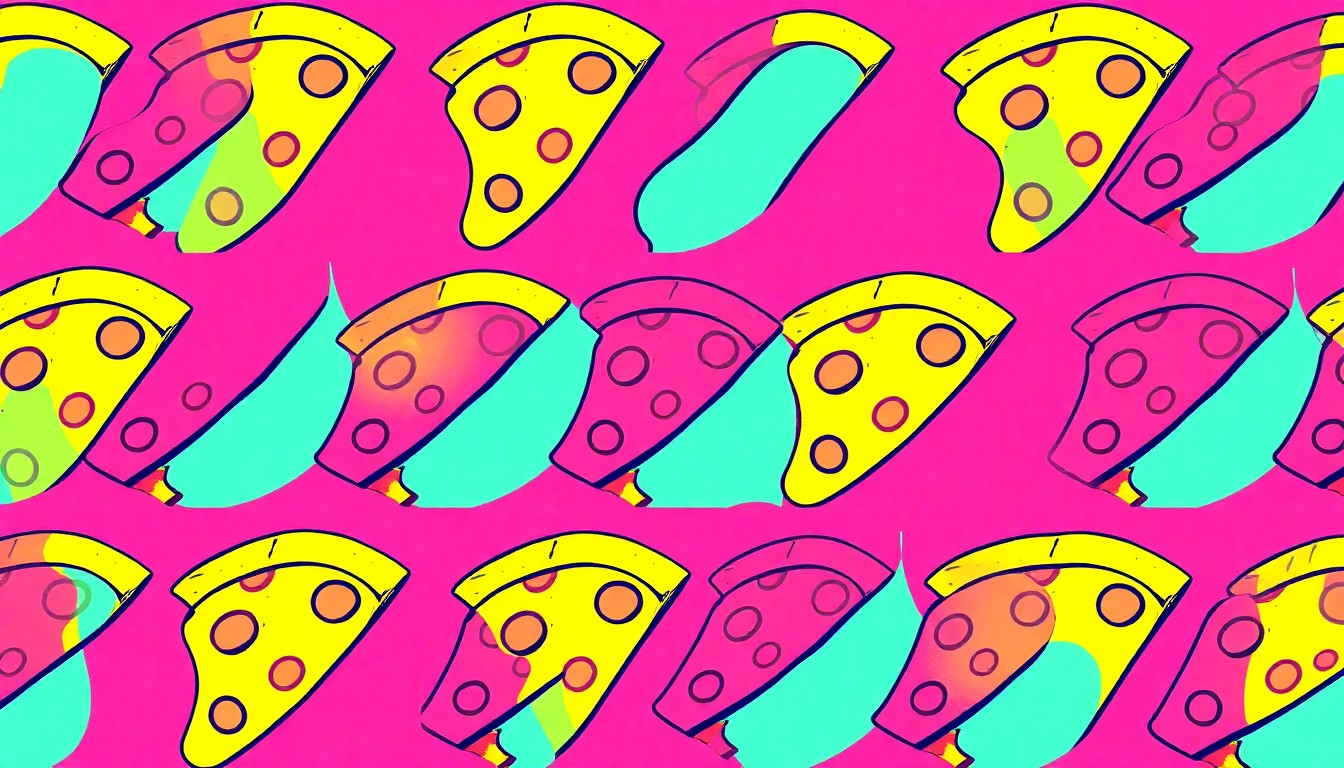 A brightly colored, high-contrast silkscreen print of a single, iconic pizza slice repeated in a tight grid pattern, capturing the pop art spirit of the Myles Pizza brand's one-day comeback in Bowling Green.