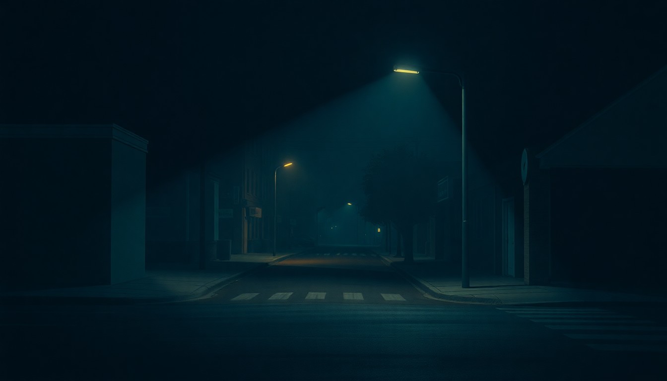 A dimly lit city street corner at night, with a lone streetlight casting long shadows and a sense of quiet contemplation, in the cinematic style of Edward Hopper.