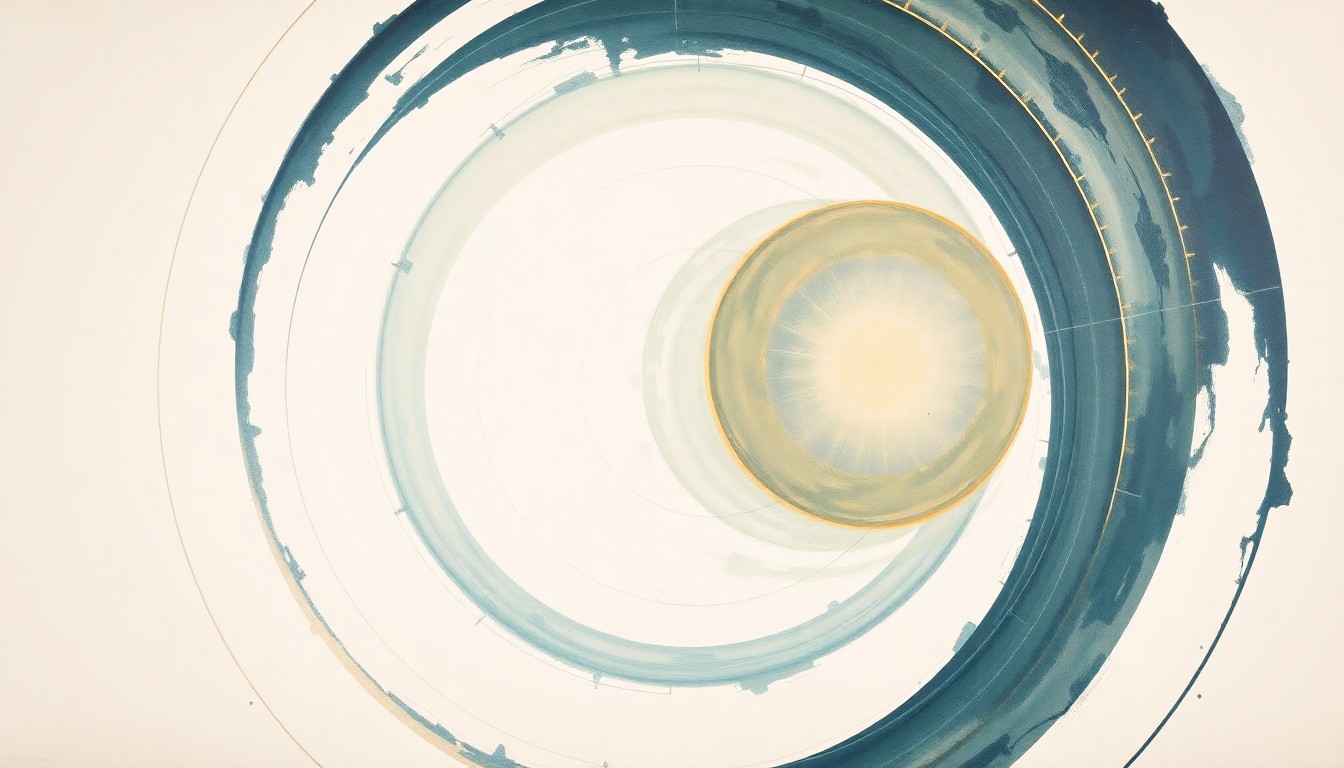 A vibrant abstract painting in the style of Hilma af Klint, featuring sweeping geometric arcs, concentric circles, and precise spirals in earthy tones of blue, green, and gold, conceptually representing the Artemis II mission's journey to the moon and back.