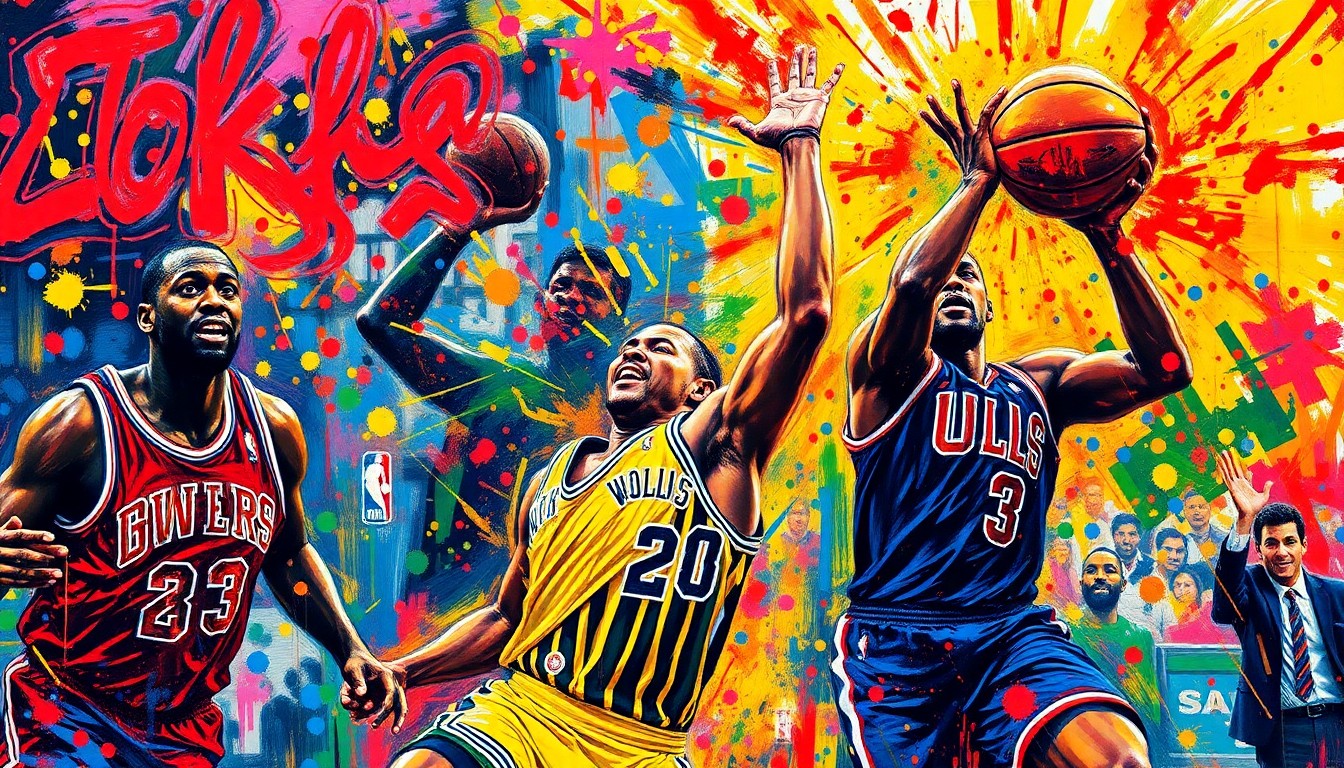 An abstract, expressionist painting featuring vibrant neon colors and rapid brushstrokes that capture the dynamic energy and excitement of a professional basketball game, with players' forms dissolving into unrecognizable shapes and splatters.