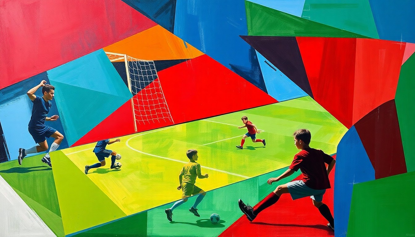 A cubist, geometric painting depicting a youth soccer match, with overlapping planes of color representing the dynamic action on the field.
