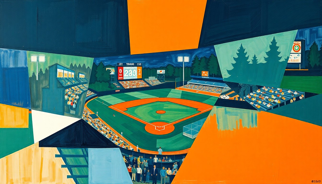 A cubist-style painting featuring fragmented, geometric shapes in shades of blue, green, and orange, conceptually representing the dynamic action of a baseball game.