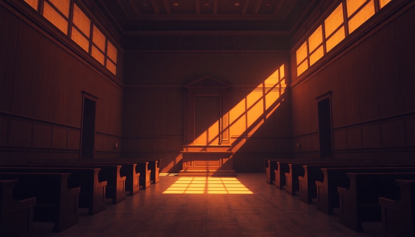 A quiet, cinematic painting of an empty courtroom with warm sunlight streaming through the windows and deep shadows, conveying a sense of contemplation and the gravity of the judicial system.