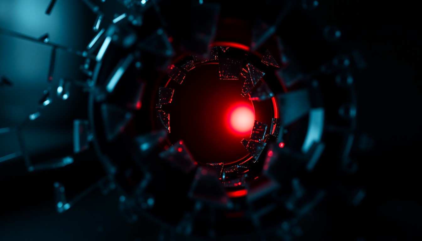 An extreme close-up photograph of a shattered glass lens, reflecting a faint red light, conveying the aftermath and impact of a school shooting incident.