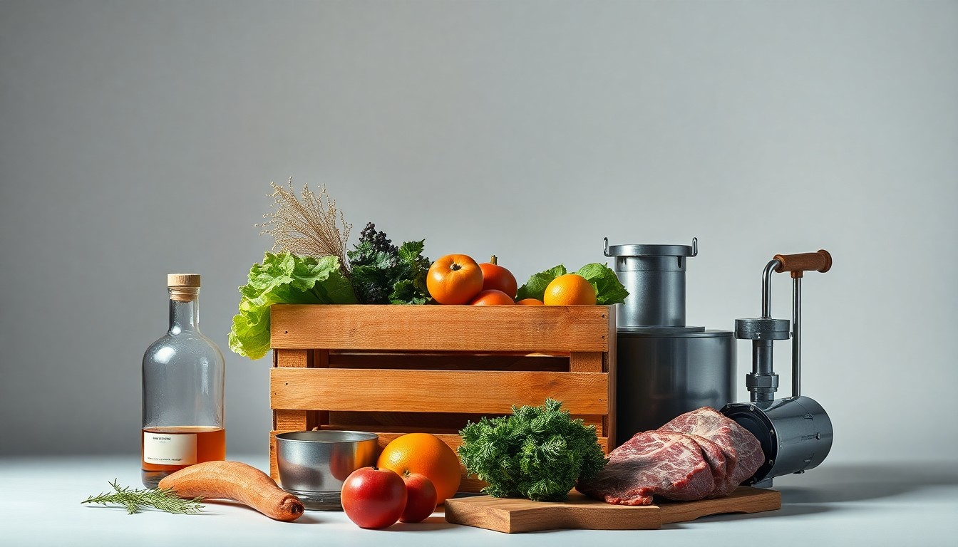 A high-end, photorealistic studio still-life photograph featuring a carefully arranged composition of premium agricultural products and tools, including a glass bottle of whiskey, a wooden crate of fresh produce, and a set of meat processing equipment, all set against a clean, monochromatic background and dramatically lit to conceptually represent the entrepreneurial spirit and diversification strategies of Iowa's young farmers.