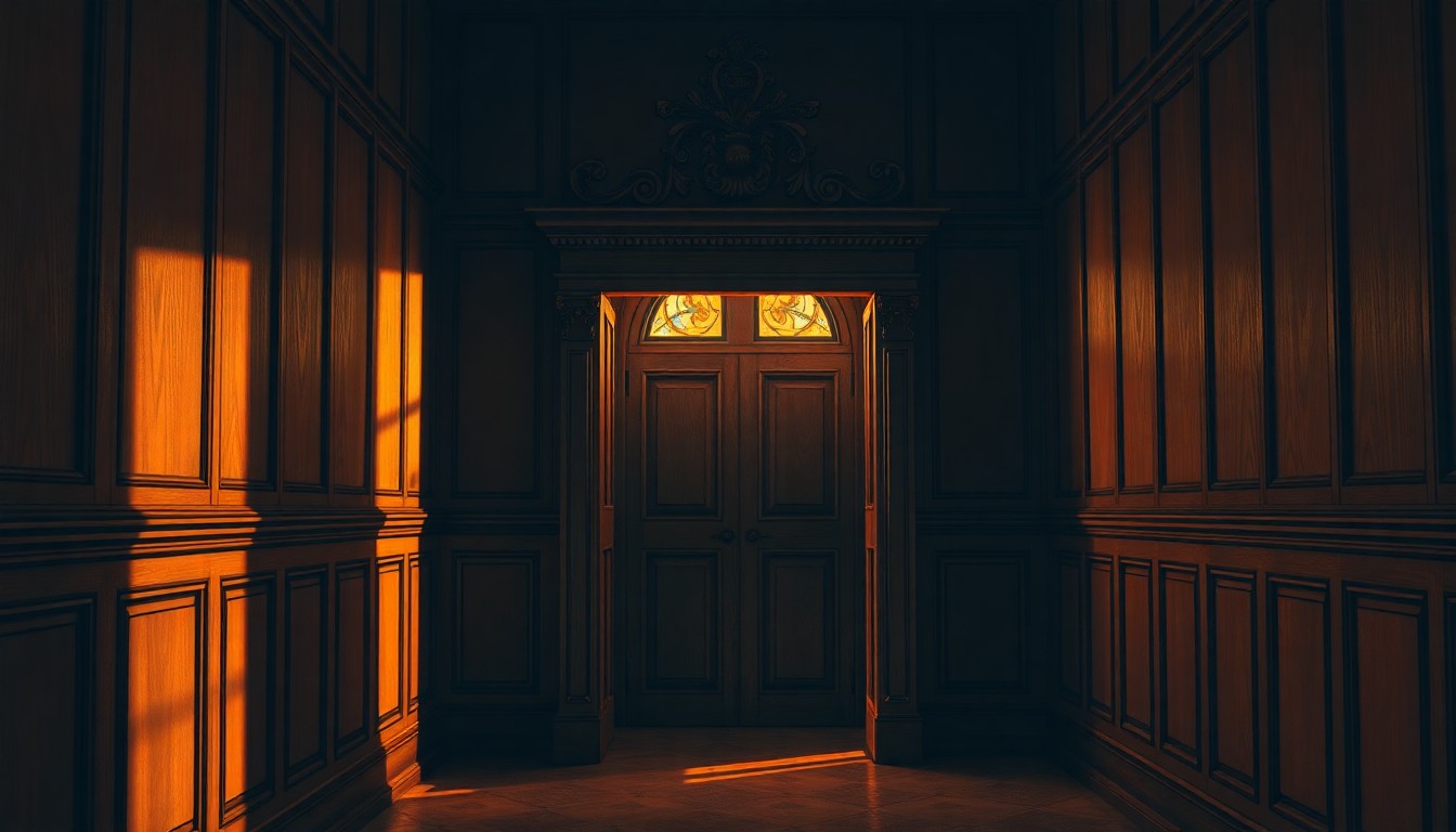 A detailed, cinematic painting of a solitary church confessional booth, its wooden panels and ornate details casting long shadows in warm, golden light, conceptually representing the dark history of clergy sex abuse and the push for accountability.