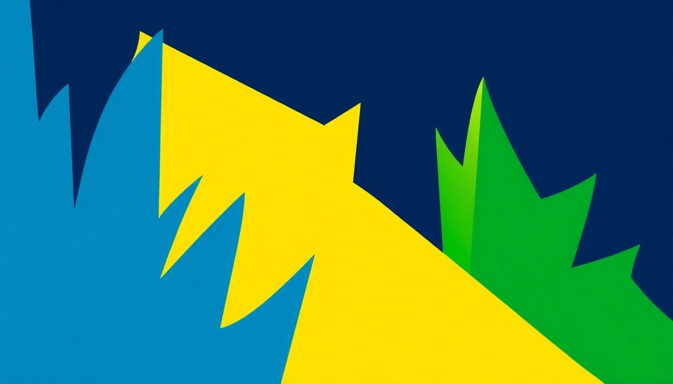 A dynamic abstract composition of geometric shapes in shades of blue, green, and yellow, capturing the vibrant energy and creativity of the Marin theater community.