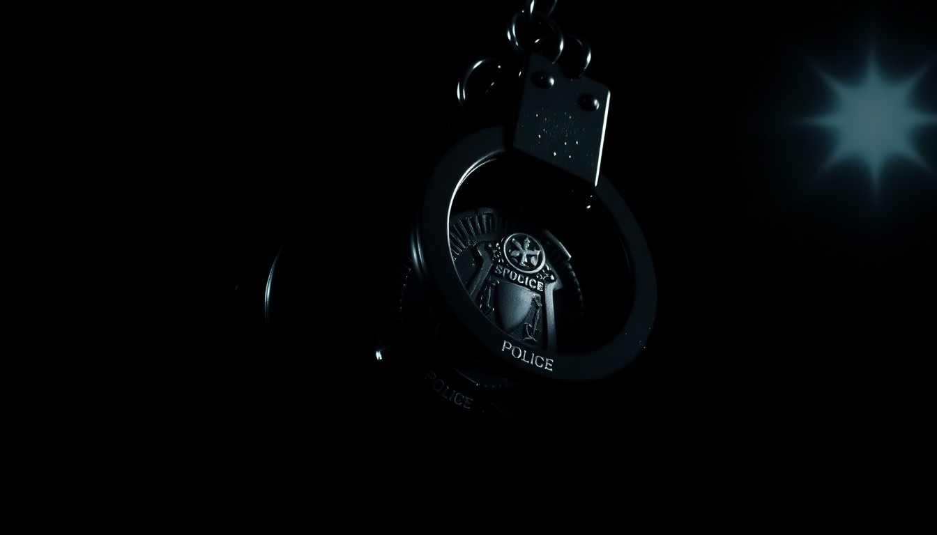 An extreme close-up of a police badge or handcuffs, reflecting a harsh, direct flash of light against a pitch-black background, conceptually illustrating the sudden and serious nature of a law enforcement investigation.