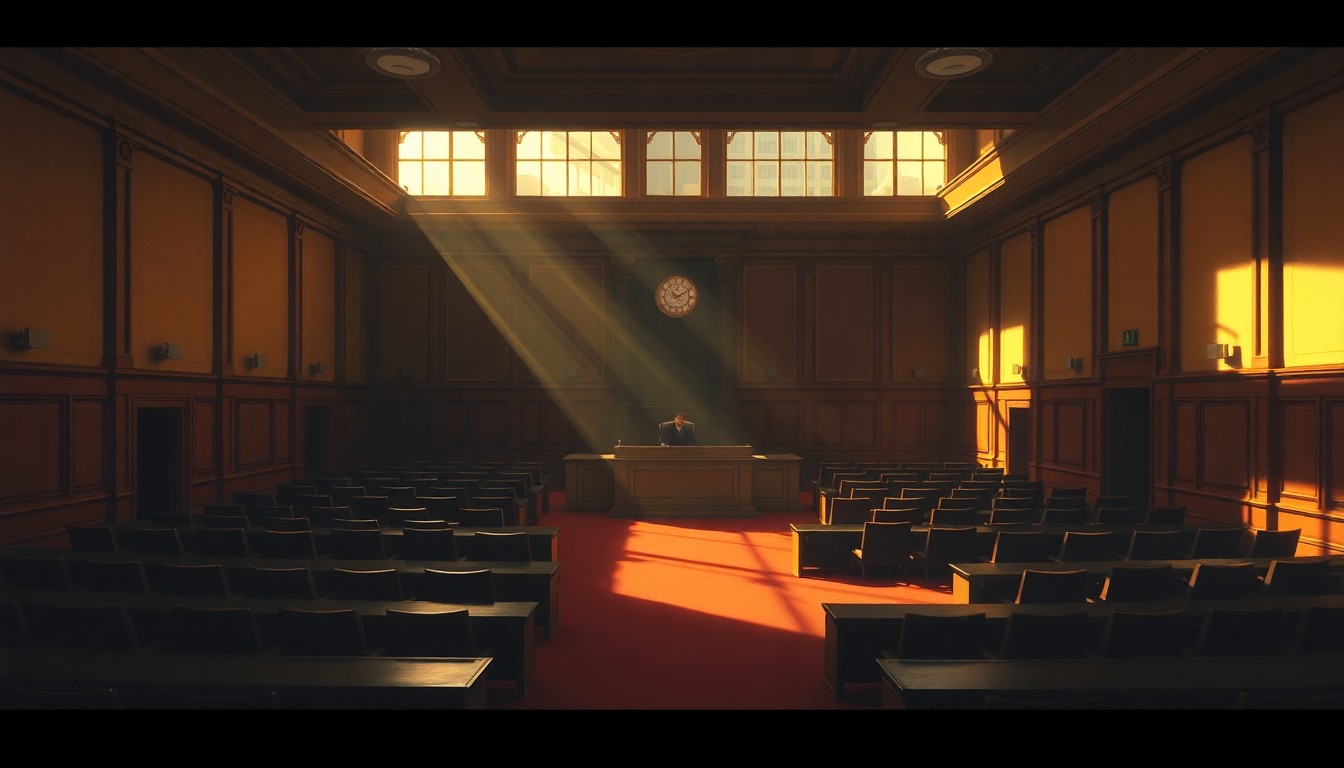 A dimly lit, cinematic painting of an empty city council chamber, with warm sunlight streaming in through the windows and deep shadows casting an air of contemplation over the space.